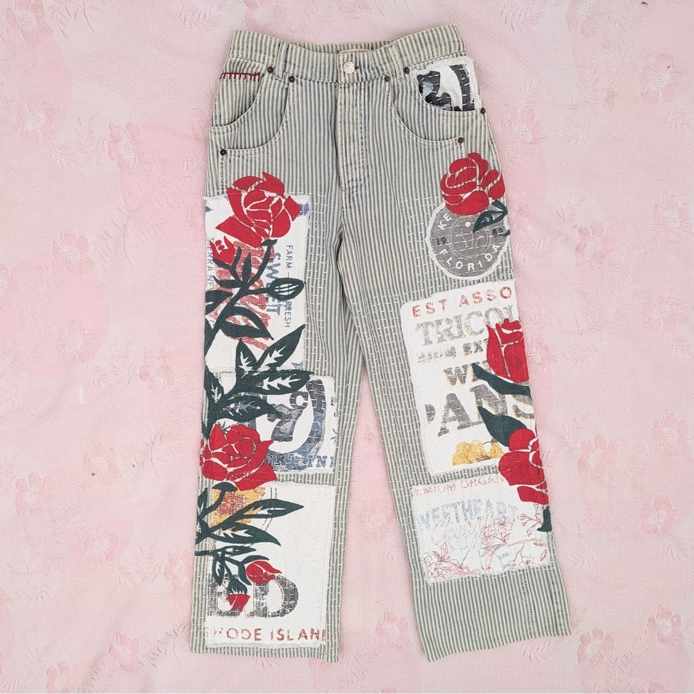 Free People Striped Boyfriend Jeans with Red Rose Appliqué